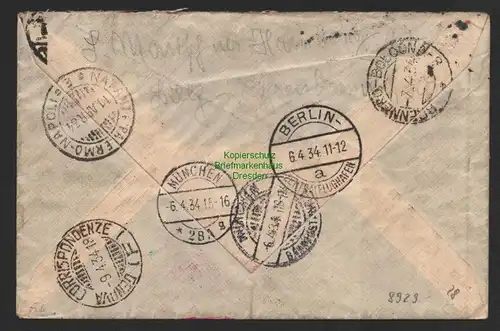 B8929 DR Brief Deutsche Luftpost Hamburg 1934 nach Genua Nachsendung Palermo