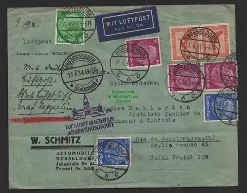 B8936 DR Brief Luftpost Zeppelin Argentinienfahrt 1934 Düsseldorf Friedrichshafe