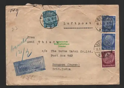 B8960 Brief Luftpost Air mail Berlin 1938 nach Rangoon Burma Brit. India Rangun