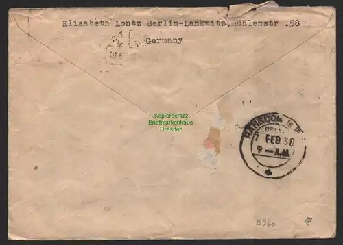 B8960 Brief Luftpost Air mail Berlin 1938 nach Rangoon Burma Brit. India Rangun