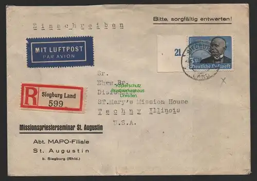B8931 DR Brief Deutsche Luftpost 1939 539 x Siegburg nach Techny Illinois USA
