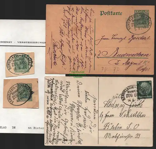 B8822 DR Postkarte + Ganzsache Bahnpost Schivelbein Gramenz 1913 1934 + 2x Br