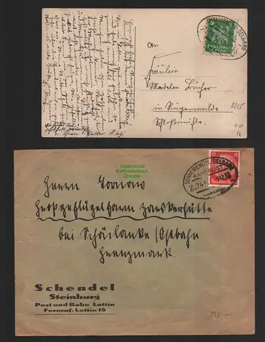B8825 DR Postkarte AK Bahnpost Schneidemühl - Belgard 1926 + Brief 1933 Zug 741