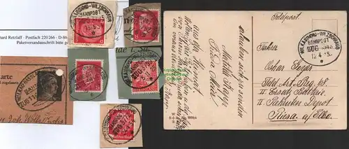 B8870 DR Postkarte Bahnpost Wilkau S. - Wilzschhaus 1915 + 6x Briefstück Hasslau
