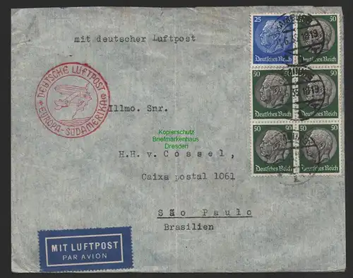 B8933 DR Brief Deutsche Luftpost 1935 Hamburg nach Sao Paulo Brasilien