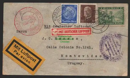 B8921 DR Brief Deutsche Luftpost Europa Südamerika 1933 nach Montevideo Uruguay