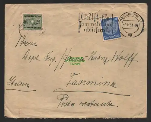 B8957 Brief Berlin SW 11 nach Taormina Sizilien Italien 1937 Messina