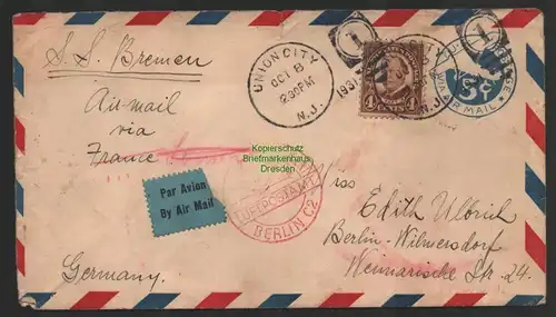 B8952 USA Brief Luftpost Air mail Union City USA via France Paris 1931