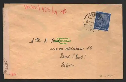 B8958 Brief Hamburg 1942 nach Gand Gent Belgien Zensur OKW