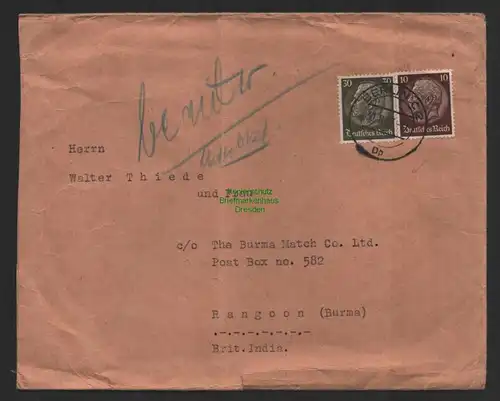 B10075 Brief Berlin 1938 nach Rangoon Burma Brit. India Rangun Yangon Myanmar