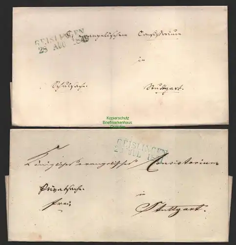 B10084 2xVorphila Faltbrief Geislingen 1849 1851 nach Stuttgart