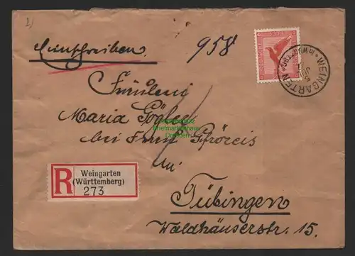 B10073 Brief DR Deutsches Reich 381 Einschreiben Weingarten Württ. 1927 Tübingen