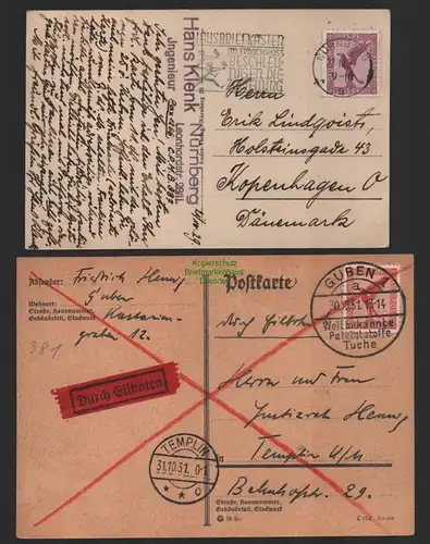 B10074 2x Postkarte DR Deutsches Reich A 379 381 1931 Guben Eilboten nach Berlin
