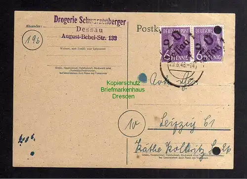 h3467 SBZ Bezirkshandstempel gepr. BPP Bezirk 20 Dessau Postkarte Bedarf an AOK