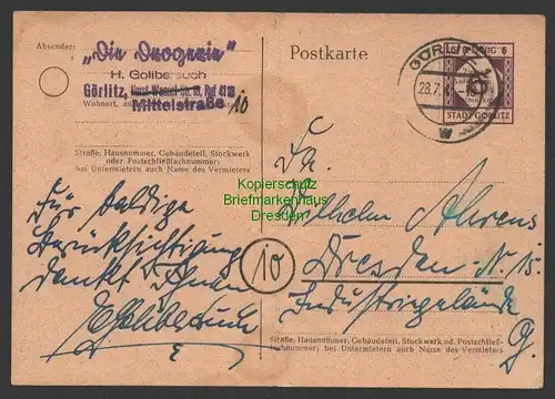 B7332 Postkarte Lokalausgabe Görlitz 28.7.45 Bedarf Drogerie Golibersuch