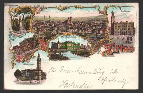 149295 AK Zittau Litho 1897 Rathaus Mandaukaserne Postamt Johanneum Marschner