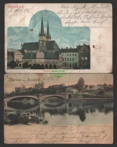 149255 2 AK Saalfeld Saale Marktplatz 1899 Panorama an der neuen Brücke