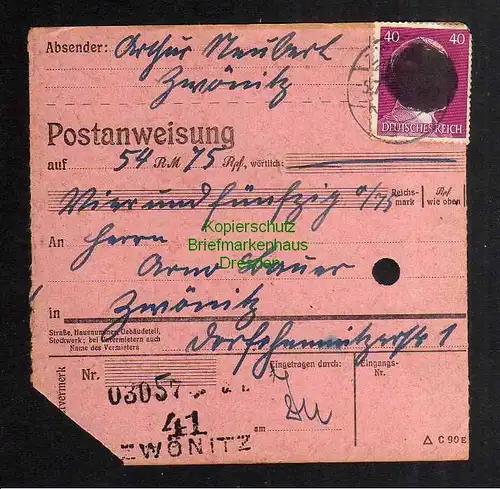 B2892 Sächsische Schwärzung 1945 Postanweisung  41 Zwönitz 5.7.45