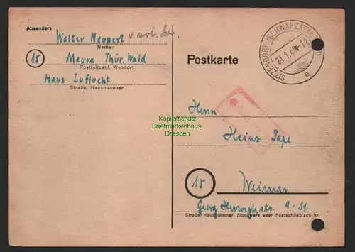 B9917 Postkarte SBZ Gebühr bezahlt 1946 Sitzendorf Schwarzatal nach Weimar