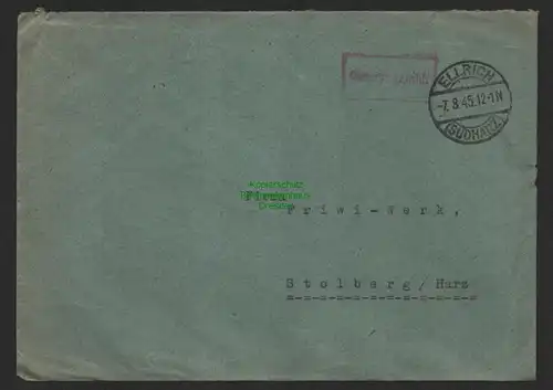 B9905 Brief SBZ Gebühr bezahlt 1945 Ellrich Südharz an Friwi Werk Stolberg Harz