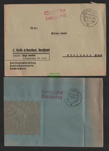 B9898 2x Brief SBZ Gebühr bezahlt 1945 Arnstadt Papiergroßhandlung an Friwi Werk