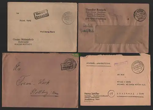 B9882 4x Brief SBZ Gebühr bezahlt 1945 Quedlinburg an Friwi Werk Stolberg Harz