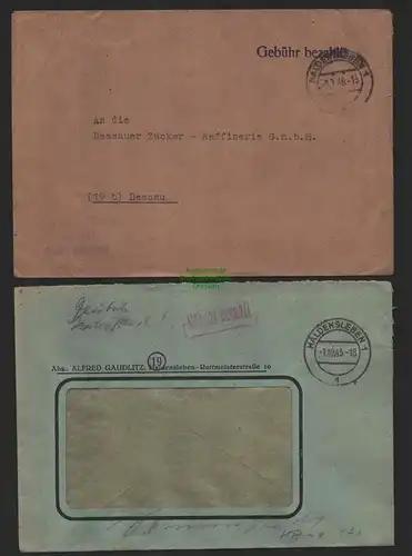 B9867 2xBrief SBZ Gebühr bezahlt 1945 Haldensleben 1948 Zucker Raffinerie Dessau