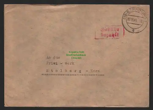 B9856 Brief SBZ Gebühr bezahlt 1945 Bernburg an Friwi Werk Stolberg Harz