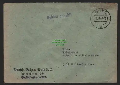 B9852 Brief SBZ Gebühr bezahlt 1945 Berga Kyffhäuser An Friwi Werk Stolberg Harz