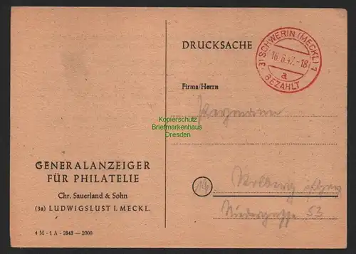 B9843 Postkarte Drucksache SBZ Gebühr bezahlt 1947 Schwerin