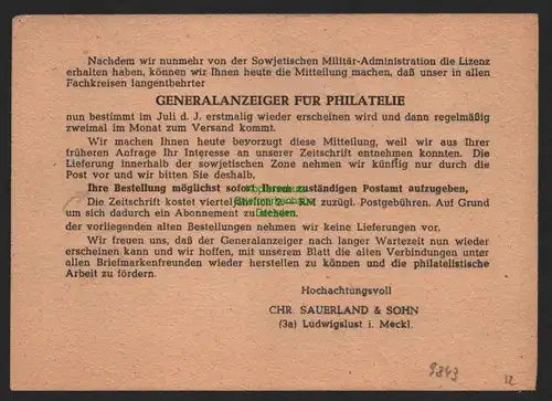 B9843 Postkarte Drucksache SBZ Gebühr bezahlt 1947 Schwerin