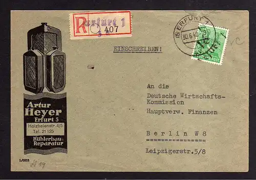 h478 Brief Handstempel Bezirk 16 Erfurt 30.6.48 gepr. BPP Einschreiben Wirtschaf