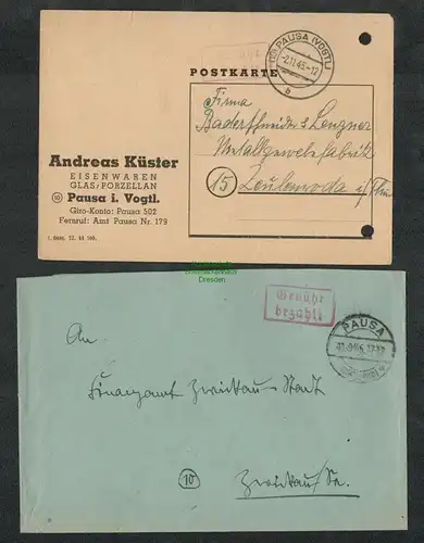 B5749 Gebühr bezahlt 1945 Brief Karte Pausa Vogtl. Eisenwaren Andreas Küster