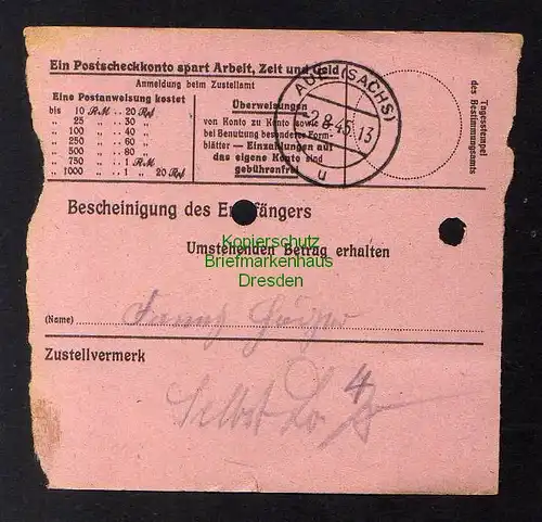 B2977 Sächsische Schwärzung 1945 Postanweisung 41 Aue Orts PA