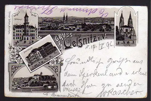 78046 AK Litho Oelsnitz V. Neue Schule Rathaus Kirche Voigtsberg 1896