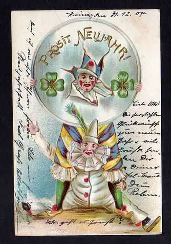 113084 AK Prosit Neujahr 1904 Clown Glücksklee Kleeblatt geprägt