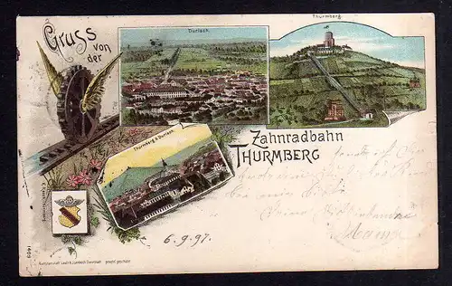 99987 AK Litho Durlach Gruss von der Zahnradbahn Thurmberg 1897