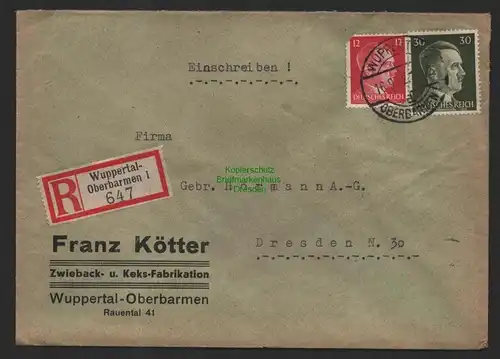 B9814 R-Brief Gebr. Hörmann A.-G. Wuppertal-Oberbarmen 1 Franz Kötter  1942 Zwie