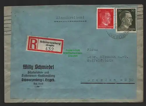 B9722 R-Brief Gebr. Hörmann A.-G. Schwarzenberg Erzgeb 432 Willy Schmiedel 1943