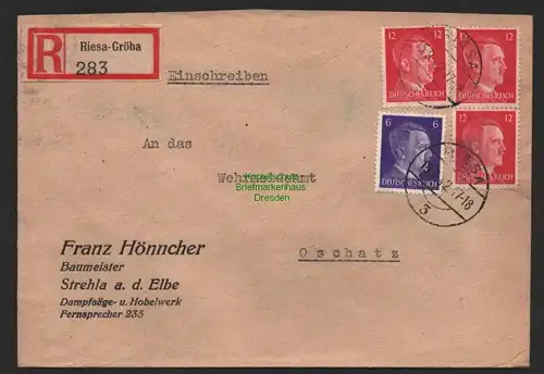B9673 R-Brief Riesa-Gröba Franz Hönncher Baumeister 1942 Wehrmeldeamt Grimma
