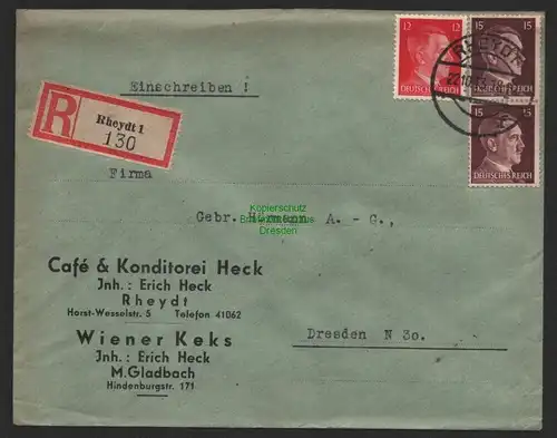 B9672 R-Brief Gebr. Hörmann A.-G. Rheydt 1 Erich Heck 1943 Kaffee & Konditorei