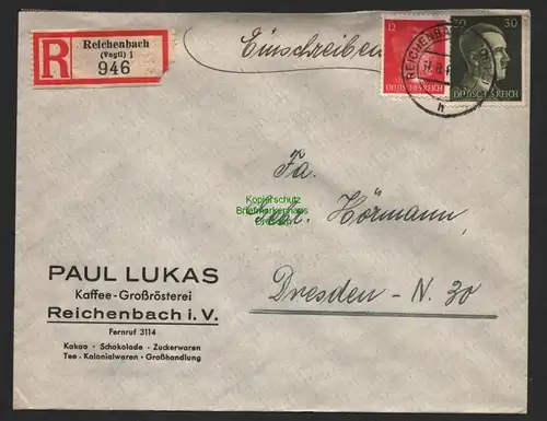 B9666 R-Brief Gebr. Hörmann A.-G. Reichenbach (Vogtl) 1 Paul Lukas 1943 Kaffee