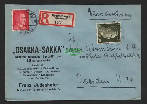 B9664 R-Brief Gebr. Hörmann A.-G. Regensburg 5 (Stadtamhof) Osakka-Sakka 1943