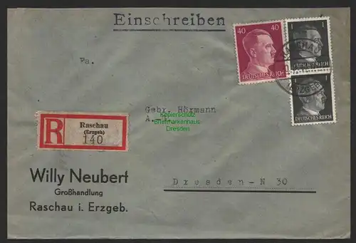 B9654 R-Brief Gebr. Hörmann A.-G. Raschau Erzgeb Willy Neubert 1943 Großhandlung