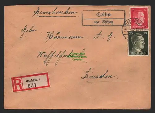 B9646 Oschatz 1 Colm  1942 Landpoststempel Collm an das Wehrbezirkskommando