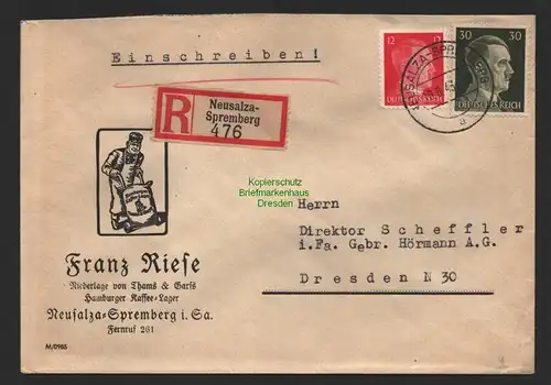 B9617 R-Brief Gebr. Hörmann A.-G. Neusalza-Spremberg 476 Franz Riese 1943 Thams