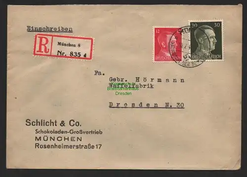 B9598 R-Brief Gebr. Hörmann A.-G. München 8 c Schlicht & Co. 1943 Schokoladen