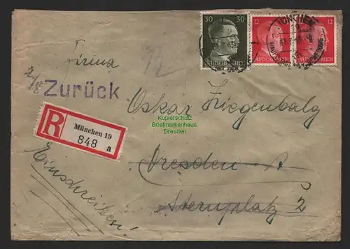 B9593 R-Brief Gebr. Hörmann A.-G. München 19 a  1943 zurück … Oskar Ziegenbalg