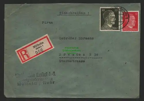 B9587 R-Brief Gebr. Hörmann A.-G. Mühlheim (Ruhr) 1  1943 Westdeutsche Kaufhof