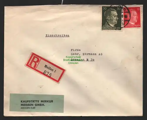 B9577 R-Brief Gebr. Hörmann A.-G. Meißen 1   1943 Kaufstätte Merkur